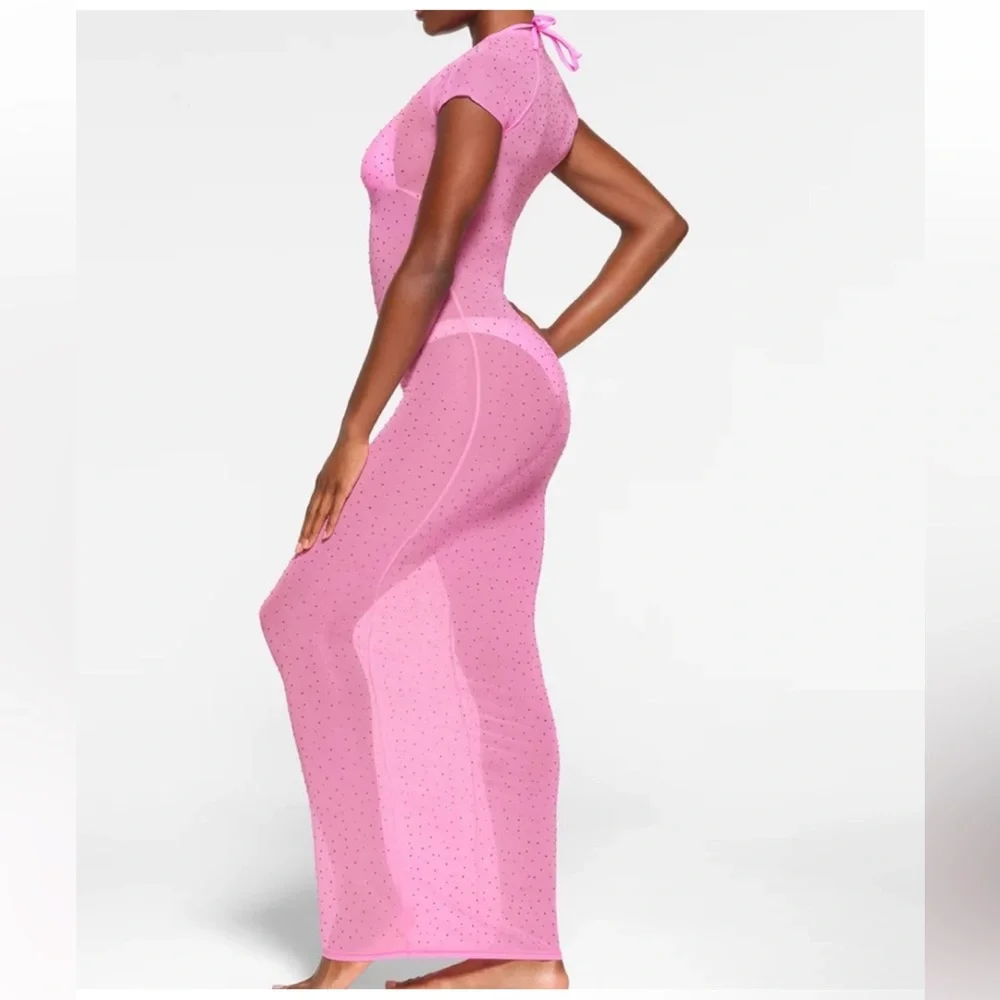💖SKIMS MESH RHINESTONE SWIM LONG DRESS COVER UP TAFFY XXS - Picture 6 of 8